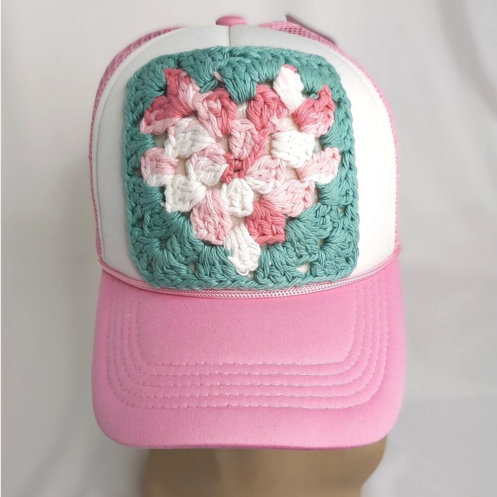 Cottagecore Pink Mesh Trucker Hat Crochet Granny Square Cap Y2K Handmade Heart